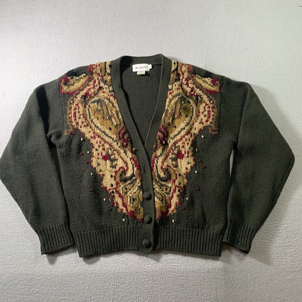 Vintage Lambswool Cropped Cardigan Green Sz. M Granny Cottagecore Praire